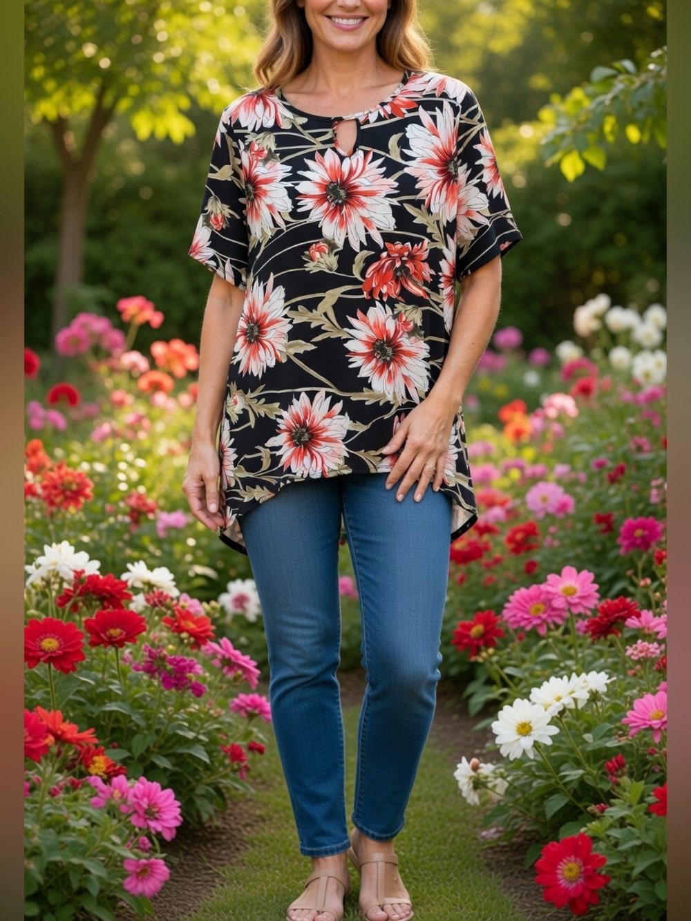 Laura Casual Floral Keyhole Blouse Black with Coral & White Blossoms 2x